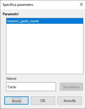 Dialog parametro con valore Carta